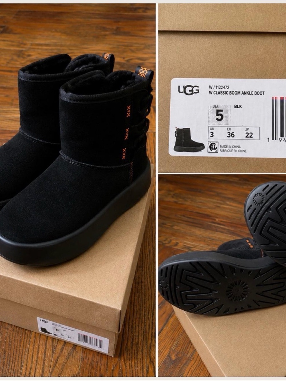 UGG Kids Classic Boom Ankle Boot in Black with Orange Stitching